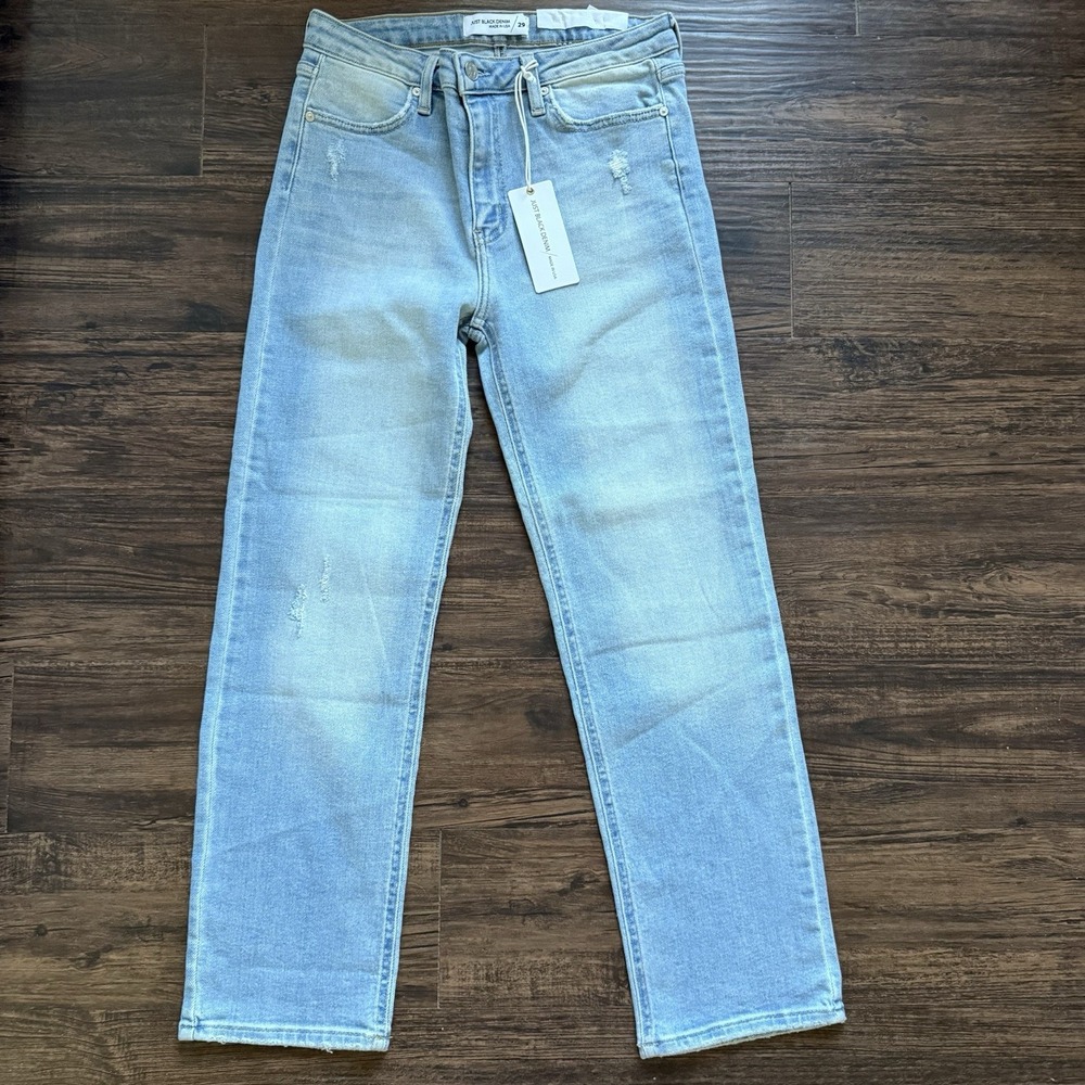 NWT Just Black Denim Mid Rise Straight Leg Jeans 29x28 Distressed Light Wash